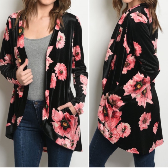 Trend Setter Diva Boutique Sweaters - LAST 1! SATEEN VELVET FLORAL CARDIGAN with pockets